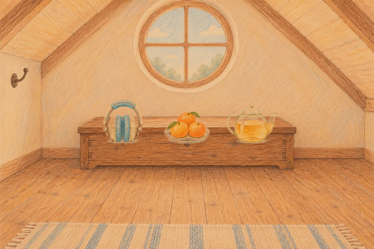 행당동 여성전용 프리미엄 스웨디시 안내 그림, 저녁의 다락방 나무 궤짝 위에 놓인 헤드폰, 귤이 담긴 접시, 유리 티포트