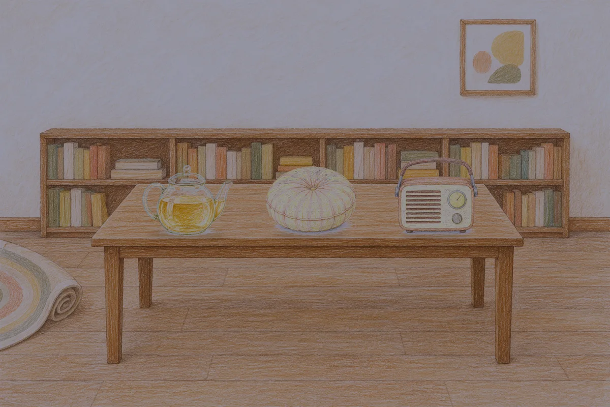 행당동 여성전용 아로마 가격 안내 그림, 밤의 서재 긴 책상 위에 놓인 유리 티포트, 둥근 쿠션, 작은 라디오