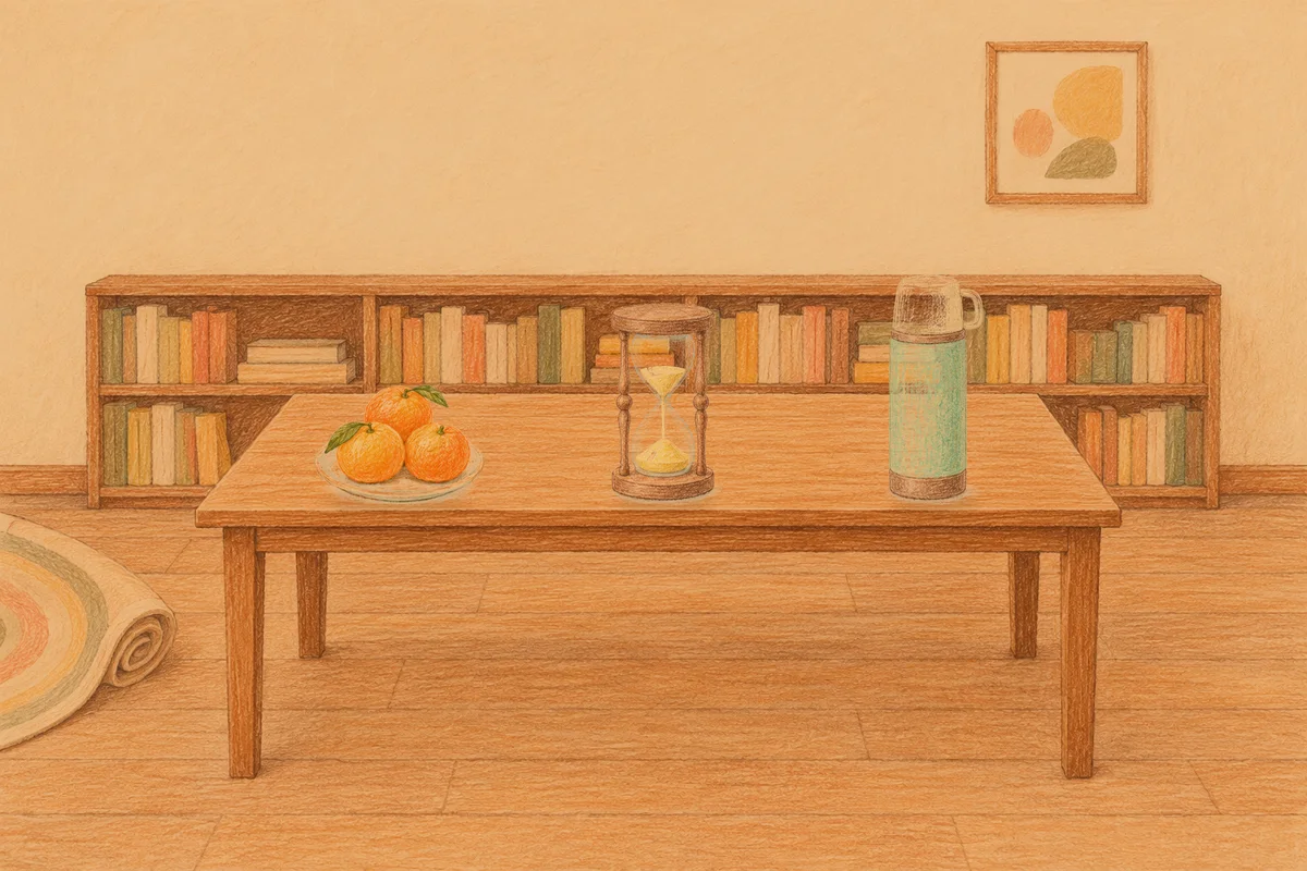 행당동 여성전용 경락마사지 안내 그림, 저녁의 서재 긴 책상 위에 놓인 귤이 담긴 접시, 모래시계, 보온병