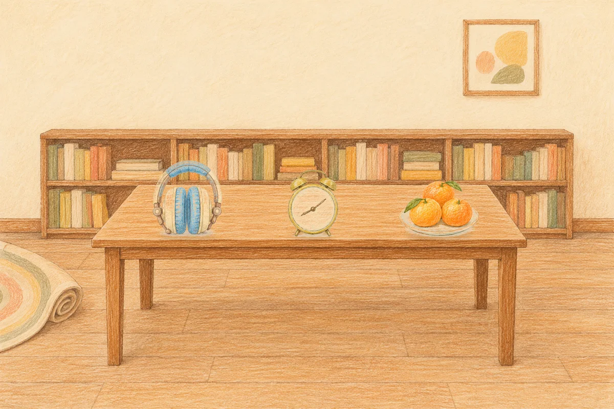 행당동 여성전용 경락마사지 후기 안내 그림, 낮의 서재 긴 책상 위에 놓인 헤드폰, 둥근 알람시계, 귤이 담긴 접시