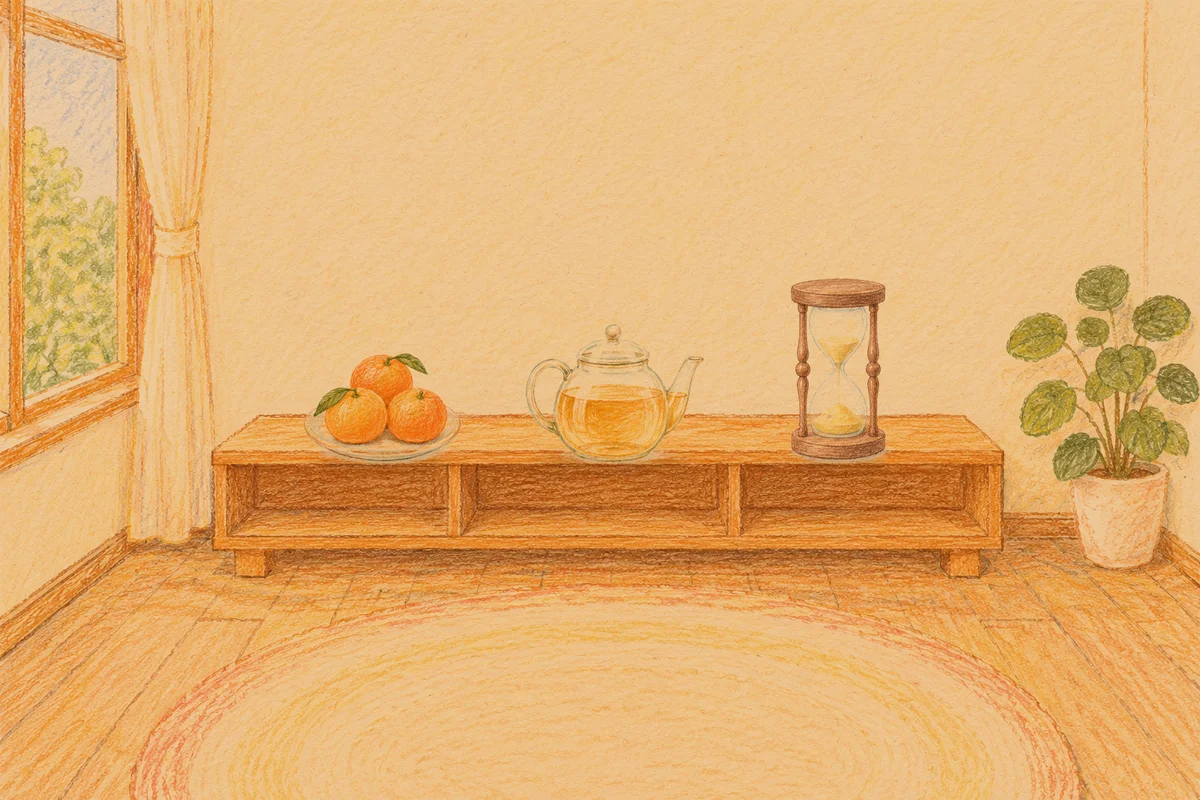 행당동 여성전용 방문 마사지 안내 그림, 저녁의 창가 낮은 선반 위에 놓인 귤이 담긴 접시, 유리 티포트, 모래시계