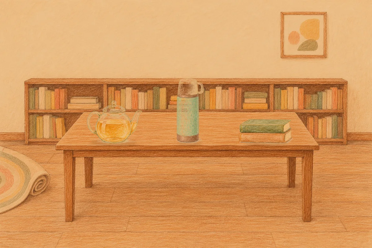 행당동 여성전용 프라이빗 케어 안내 그림, 저녁의 서재 긴 책상 위에 놓인 유리 티포트, 보온병, 책 두 권