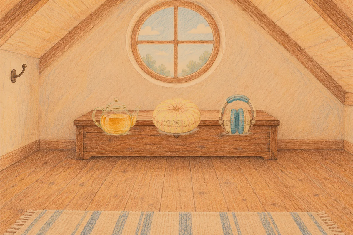행당동 여성전용 홈케어 후기 안내 그림, 저녁의 다락방 나무 궤짝 위에 놓인 유리 티포트, 둥근 쿠션, 헤드폰