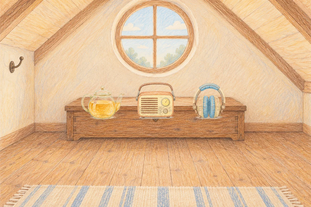 행당동 여성전용 발관리 안내 그림, 낮의 다락방 나무 궤짝 위에 놓인 유리 티포트, 작은 라디오, 헤드폰