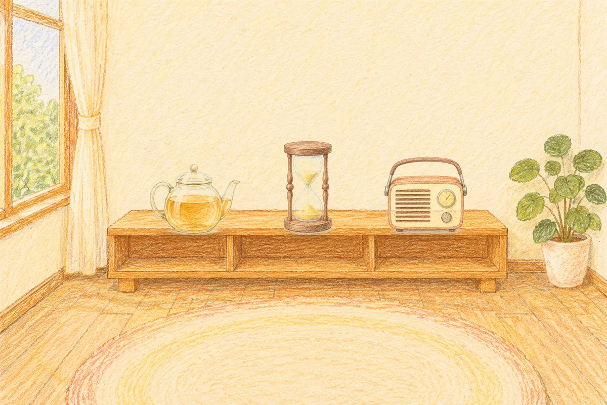 행당동 여성전용 발 케어 안내 그림, 낮의 창가 낮은 선반 위에 놓인 유리 티포트, 모래시계, 작은 라디오