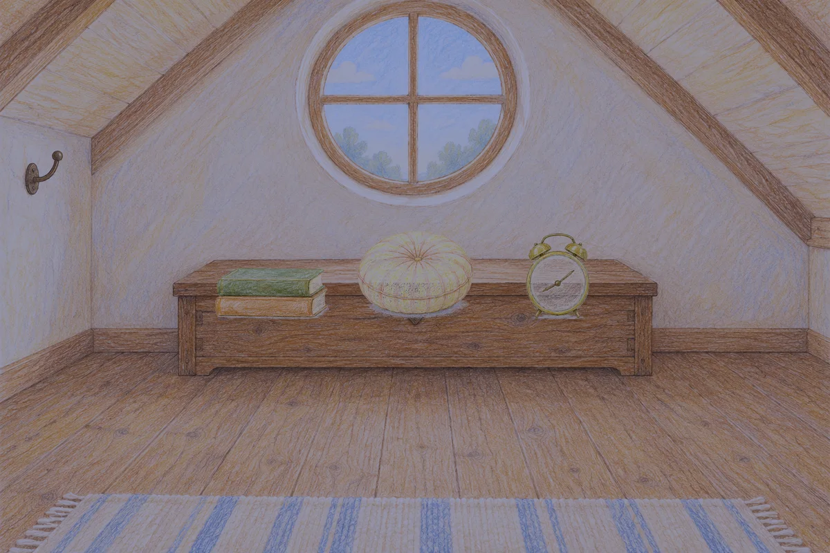 행당동 여성전용 발관리 추천 안내 그림, 밤의 다락방 나무 궤짝 위에 놓인 책 두 권, 둥근 쿠션, 둥근 알람시계
