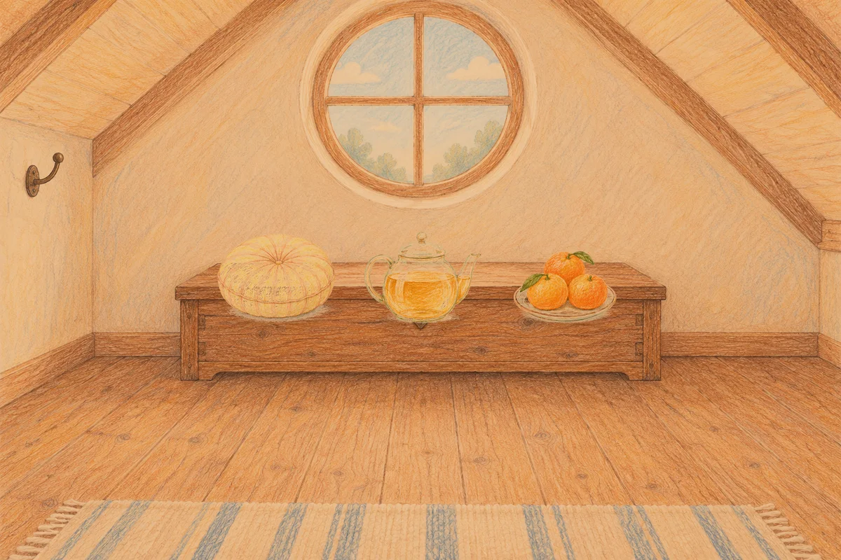 행당동 여성전용 부종 케어 안내 그림, 저녁의 다락방 나무 궤짝 위에 놓인 둥근 쿠션, 유리 티포트, 귤이 담긴 접시