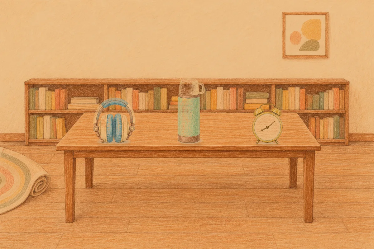 행당동 여성전용 바디 케어 안내 그림, 저녁의 서재 긴 책상 위에 놓인 헤드폰, 보온병, 둥근 알람시계