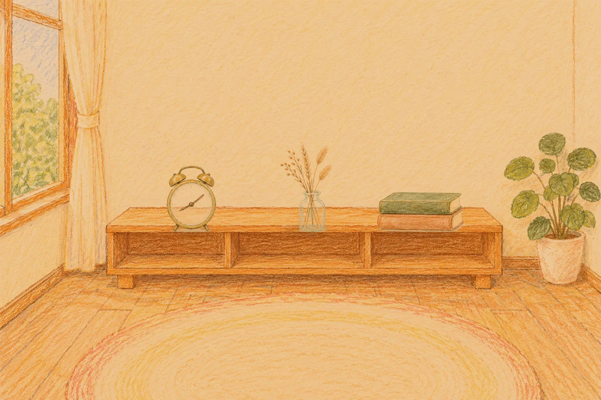 행당동 여성전용 목 어깨 케어 안내 그림, 저녁의 창가 낮은 선반 위에 놓인 둥근 알람시계, 마른 풀을 꽂은 항아리, 책 두 권