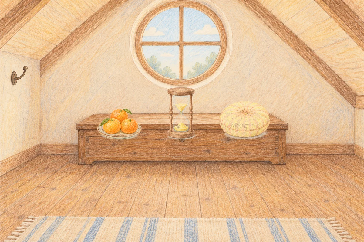 행당동 여성전용 두통 완화 마사지 안내 그림, 낮의 다락방 나무 궤짝 위에 놓인 귤이 담긴 접시, 모래시계, 둥근 쿠션