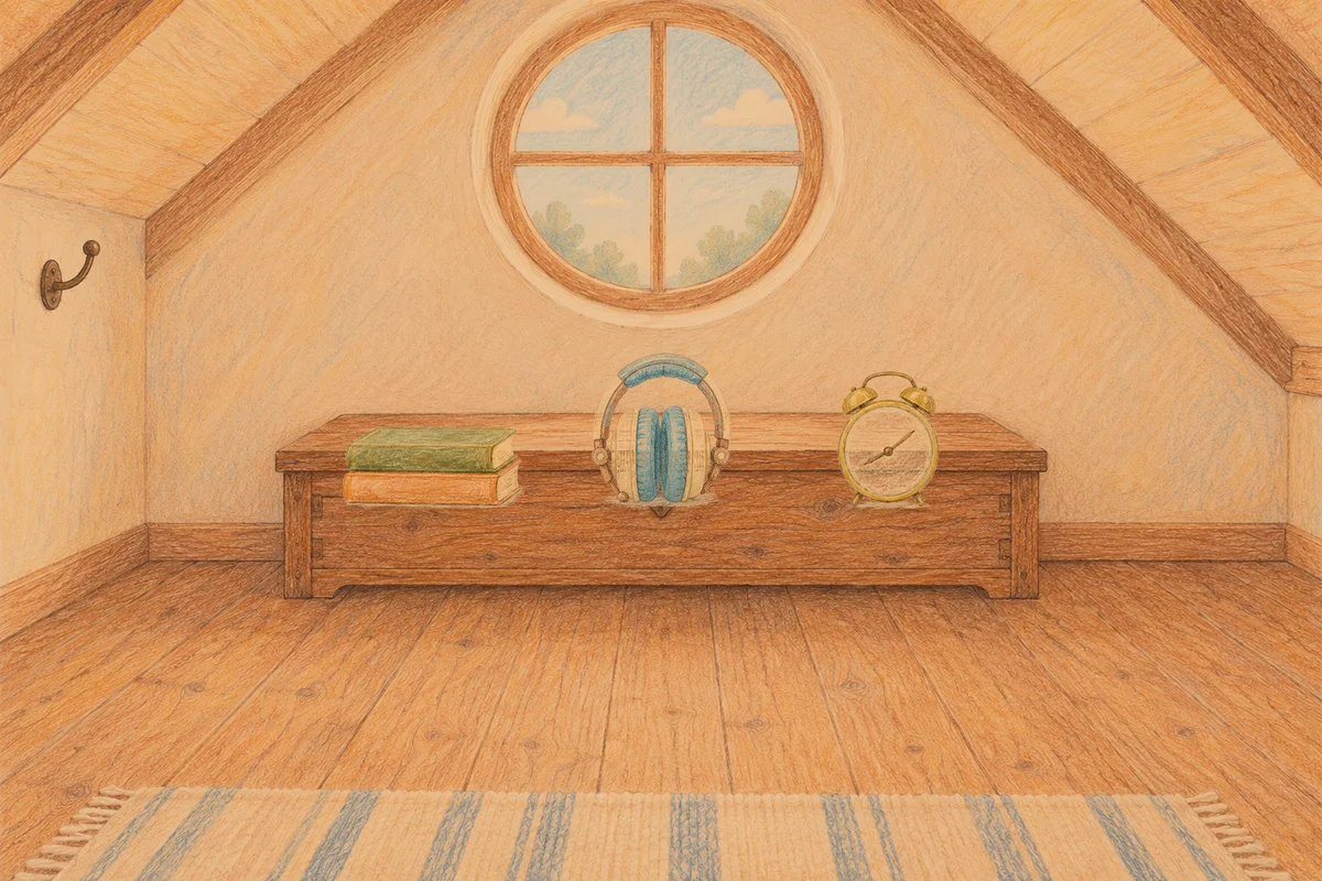 행당동 여성전용 스트레스 케어 안내 그림, 저녁의 다락방 나무 궤짝 위에 놓인 책 두 권, 헤드폰, 둥근 알람시계