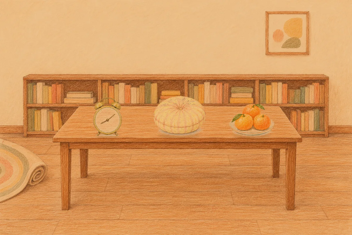 행당동 여성전용 피로 회복 마사지 안내 그림, 저녁의 서재 긴 책상 위에 놓인 둥근 알람시계, 둥근 쿠션, 귤이 담긴 접시
