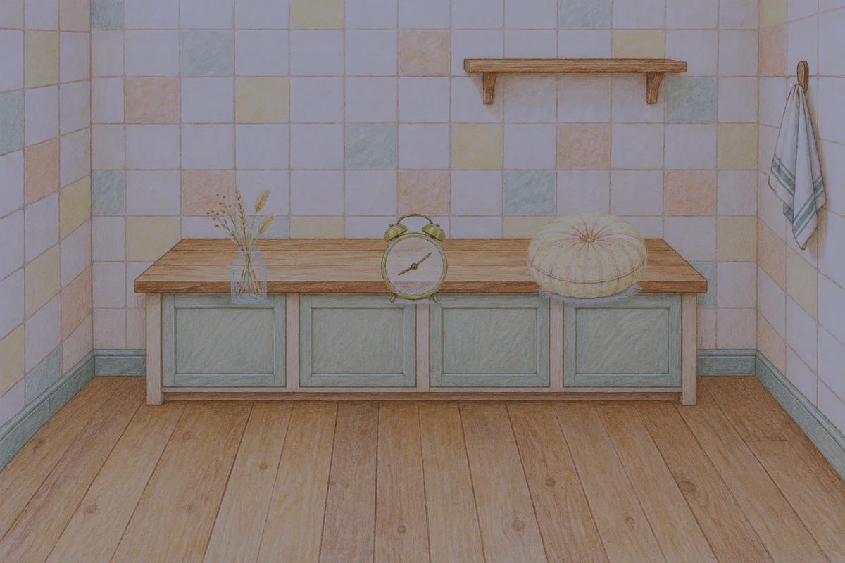 행당동 여성전용 페이셜 마사지 안내 그림, 밤의 부엌 나무 조리대 위에 놓인 마른 풀을 꽂은 항아리, 둥근 알람시계, 둥근 쿠션