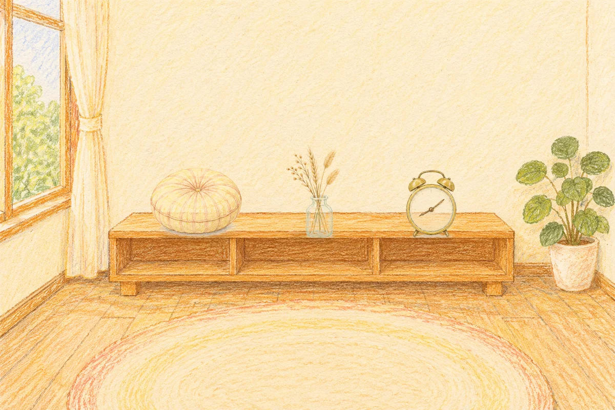 행당동 여성전용 브라이덜 케어 안내 그림, 낮의 창가 낮은 선반 위에 놓인 둥근 쿠션, 마른 풀을 꽂은 항아리, 둥근 알람시계