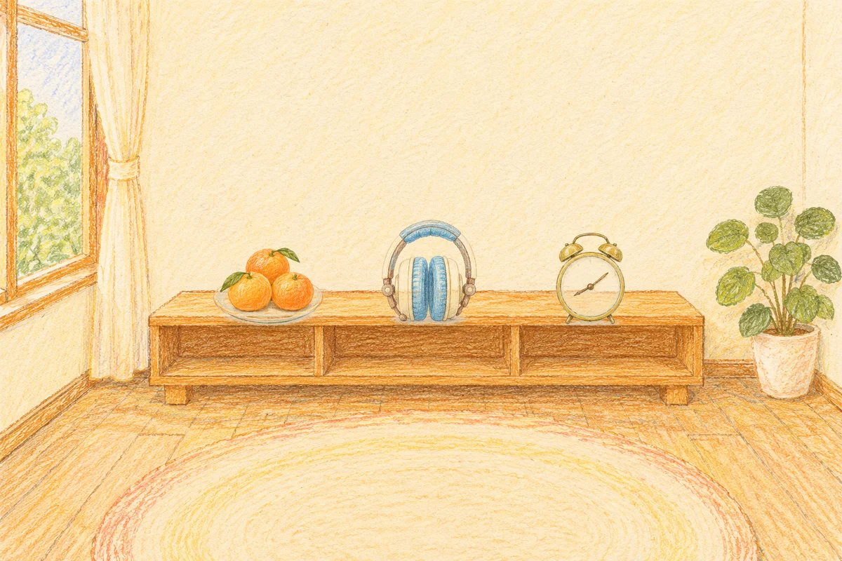 행당동 여성전용 피부 관리 안내 그림, 낮의 창가 낮은 선반 위에 놓인 귤이 담긴 접시, 헤드폰, 둥근 알람시계