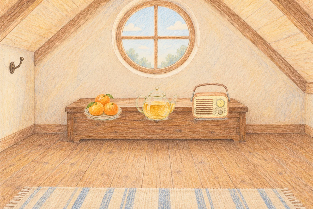 행당동 여성전용 샵 마사지 안내 그림, 낮의 다락방 나무 궤짝 위에 놓인 귤이 담긴 접시, 유리 티포트, 작은 라디오