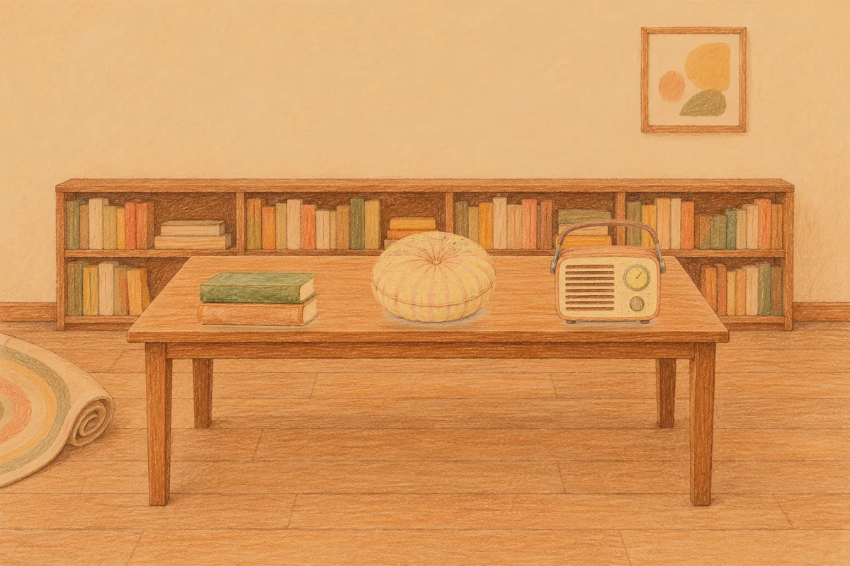 행당동 여성전용 가격 마사지 안내 그림, 저녁의 서재 긴 책상 위에 놓인 책 두 권, 둥근 쿠션, 작은 라디오