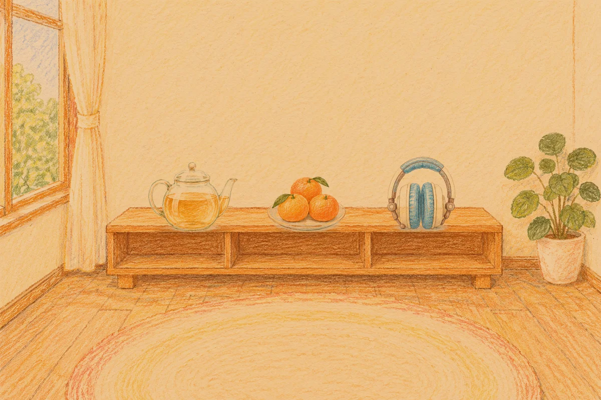 옥수동 여성전용 스웨디시 마사지 안내 그림, 저녁의 창가 낮은 선반 위에 놓인 유리 티포트, 귤이 담긴 접시, 헤드폰