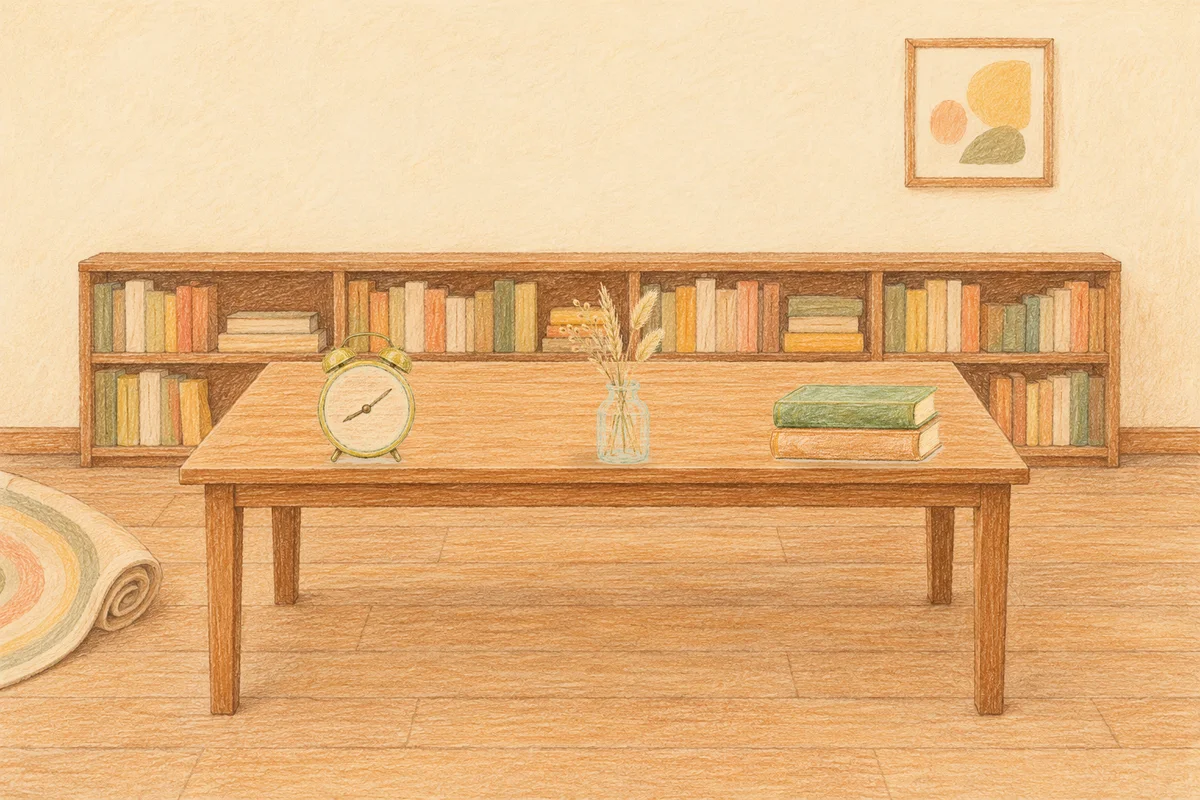 옥수동 여성전용 아로마 마사지 안내 그림, 낮의 서재 긴 책상 위에 놓인 둥근 알람시계, 마른 풀을 꽂은 항아리, 책 두 권