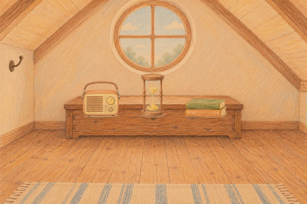 옥수동 여성전용 아로마테라피 안내 그림, 저녁의 다락방 나무 궤짝 위에 놓인 작은 라디오, 모래시계, 책 두 권