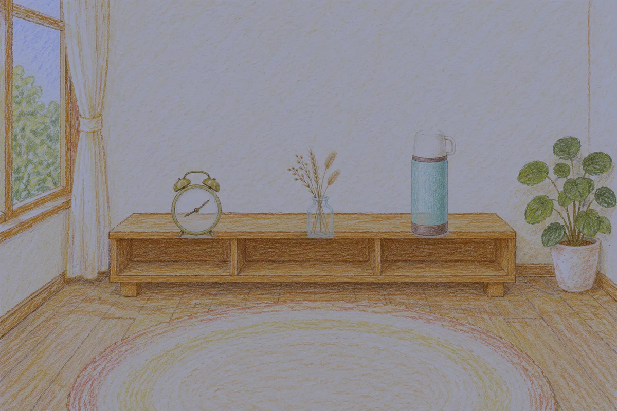 옥수동 여성전용 라벤더 아로마 안내 그림, 밤의 창가 낮은 선반 위에 놓인 둥근 알람시계, 마른 풀을 꽂은 항아리, 보온병