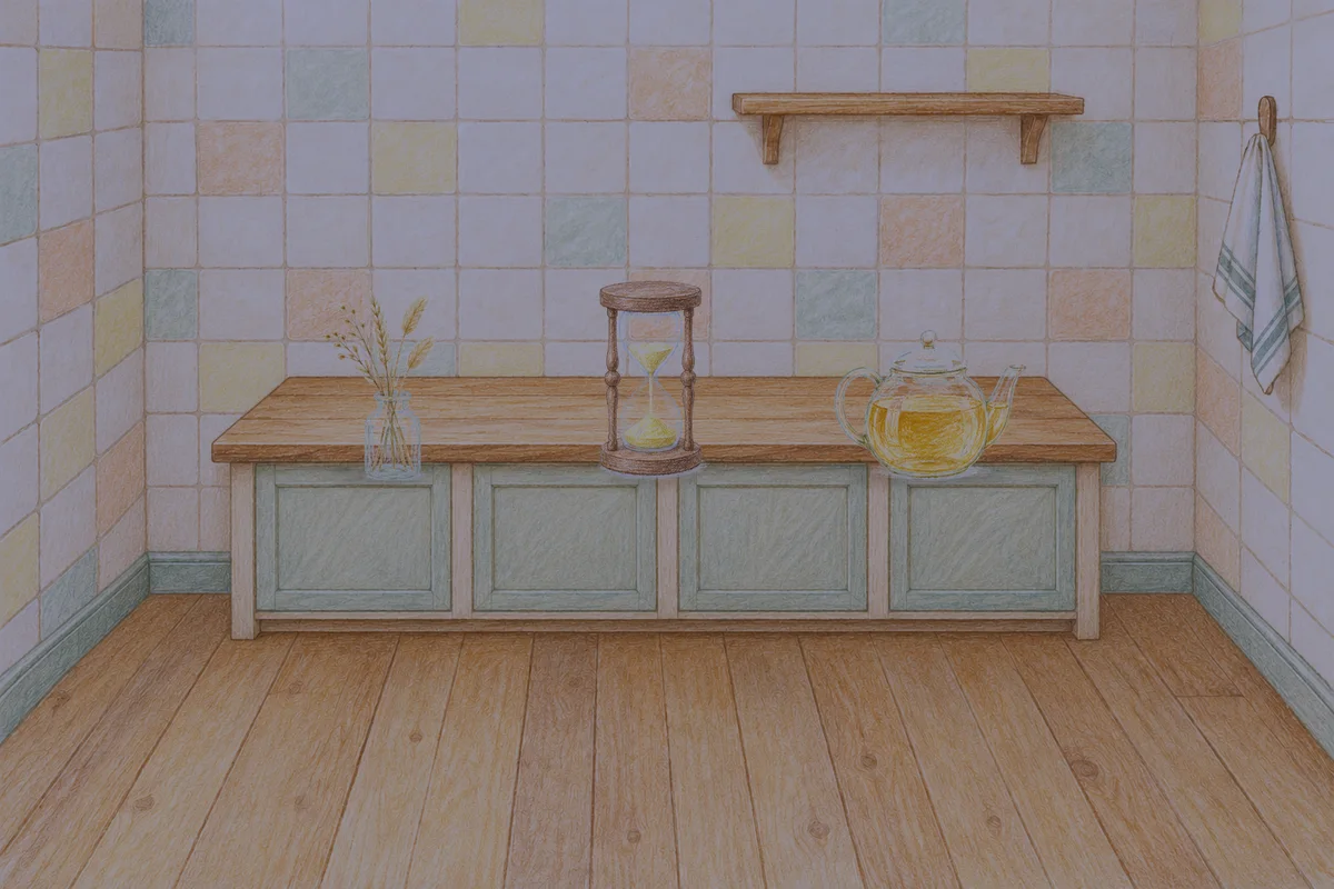 옥수동 여성전용 홈케어 서비스 안내 그림, 밤의 부엌 나무 조리대 위에 놓인 마른 풀을 꽂은 항아리, 모래시계, 유리 티포트