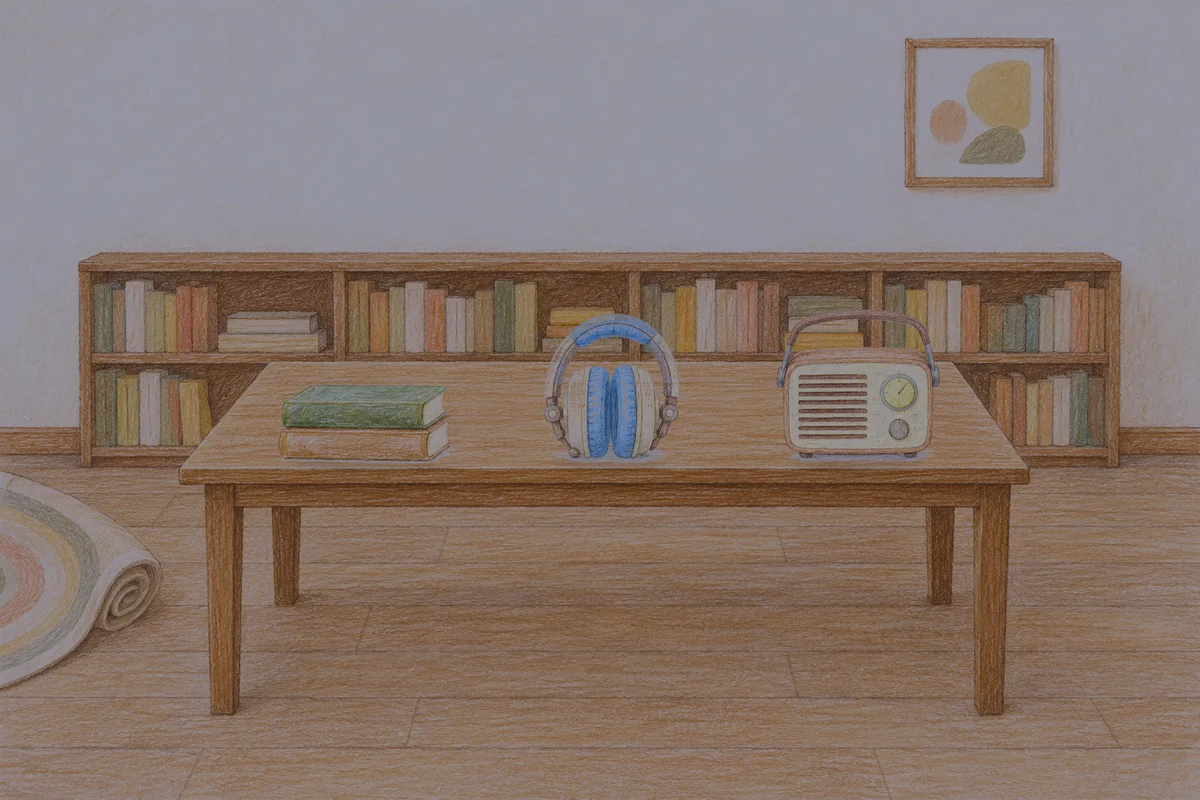 옥수동 여성전용 1인샵 안내 그림, 밤의 서재 긴 책상 위에 놓인 책 두 권, 헤드폰, 작은 라디오