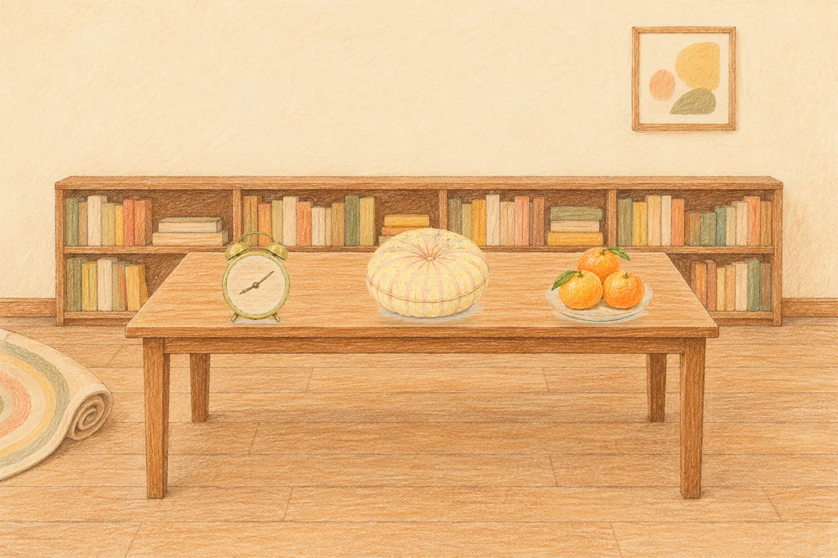 옥수동 여성전용 프라이빗 케어 안내 그림, 낮의 서재 긴 책상 위에 놓인 둥근 알람시계, 둥근 쿠션, 귤이 담긴 접시