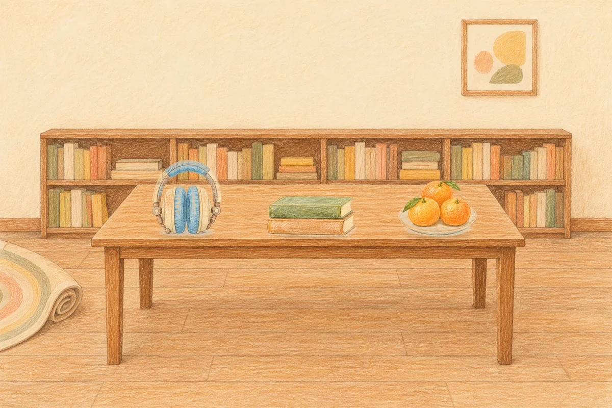 옥수동 여성전용 발관리 안내 그림, 낮의 서재 긴 책상 위에 놓인 헤드폰, 책 두 권, 귤이 담긴 접시