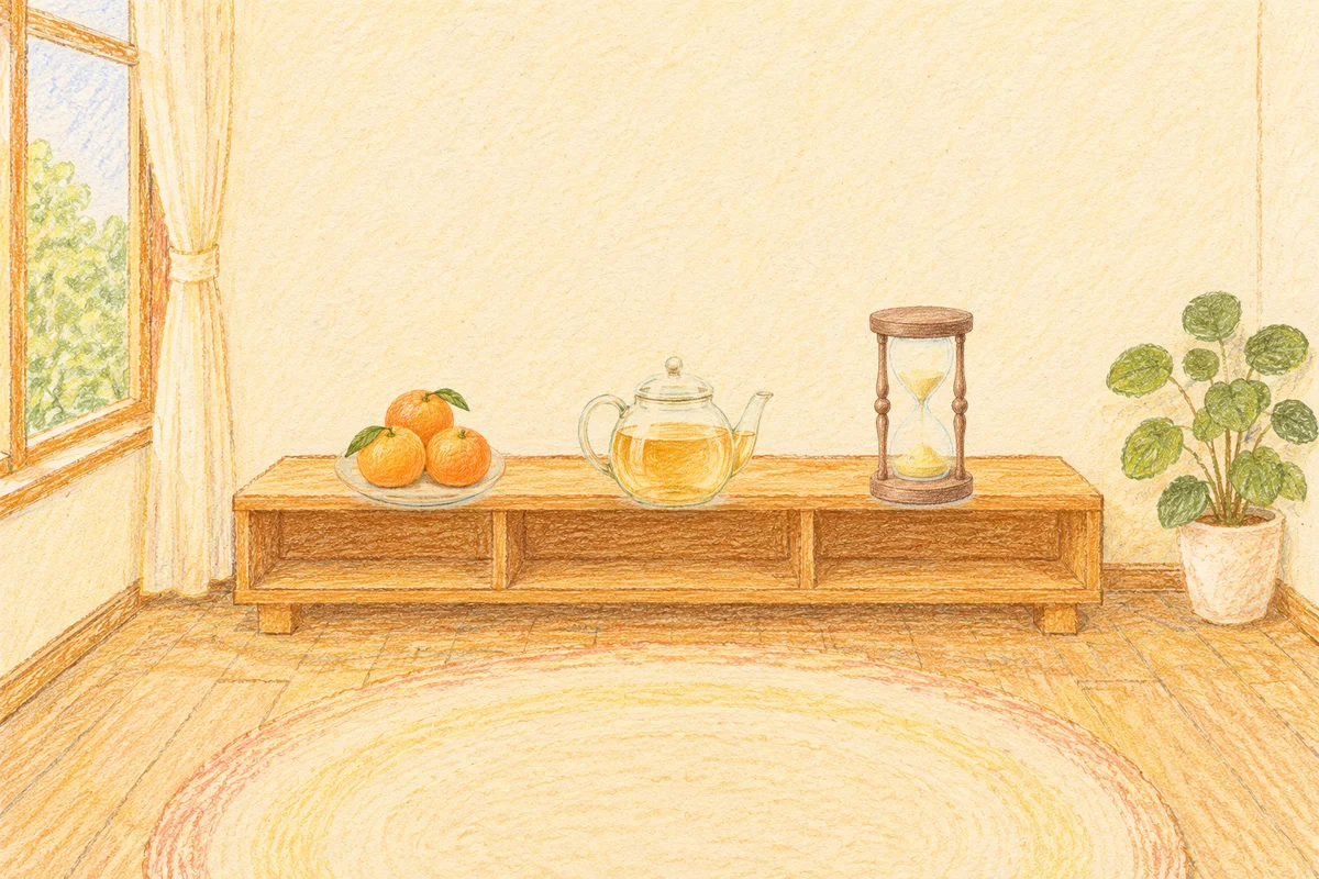 옥수동 여성전용 발 케어 안내 그림, 낮의 창가 낮은 선반 위에 놓인 귤이 담긴 접시, 유리 티포트, 모래시계