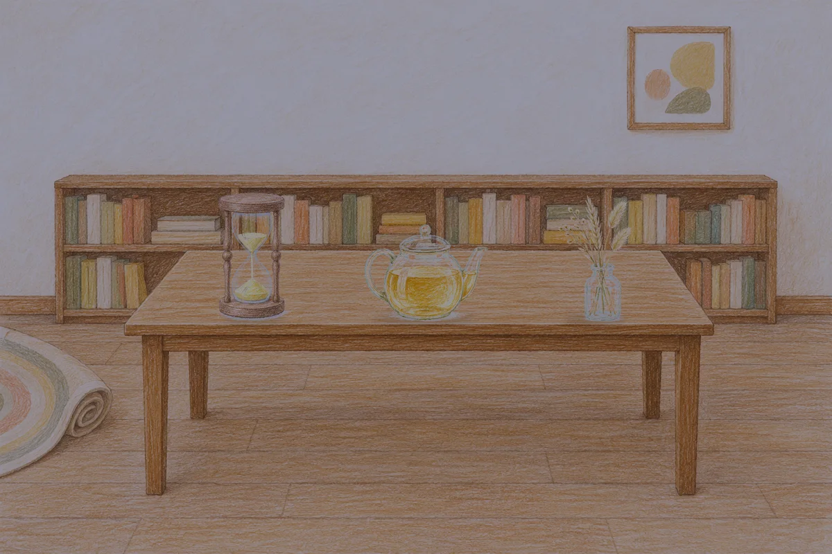 옥수동 여성전용 림프 마사지 안내 그림, 밤의 서재 긴 책상 위에 놓인 모래시계, 유리 티포트, 마른 풀을 꽂은 항아리