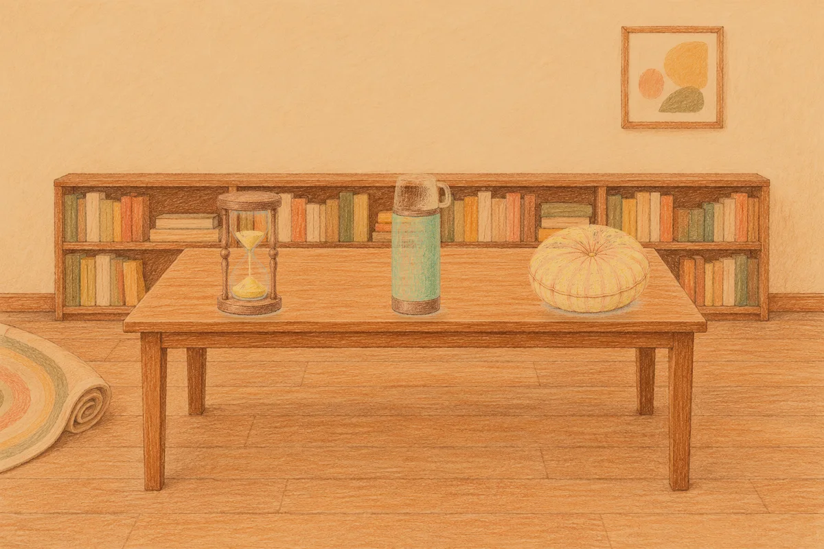 옥수동 여성전용 부종 케어 안내 그림, 저녁의 서재 긴 책상 위에 놓인 모래시계, 보온병, 둥근 쿠션