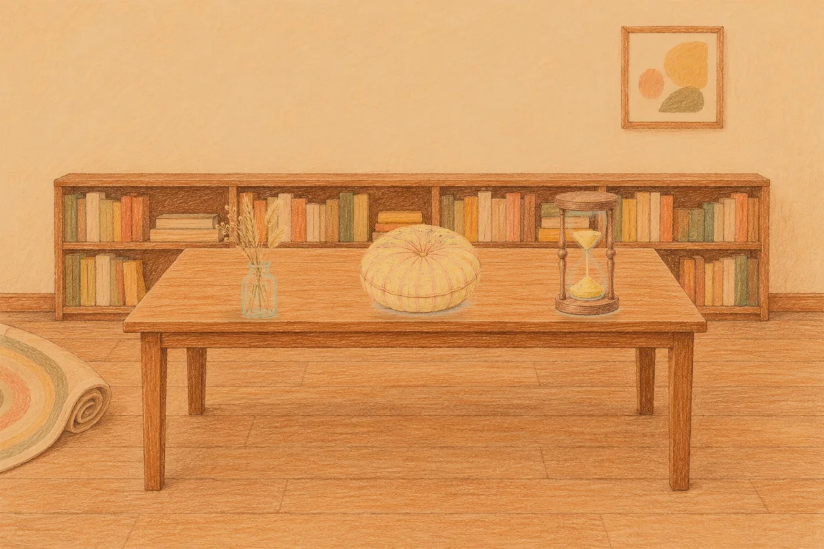 옥수동 여성전용 종아리 케어 안내 그림, 저녁의 서재 긴 책상 위에 놓인 마른 풀을 꽂은 항아리, 둥근 쿠션, 모래시계