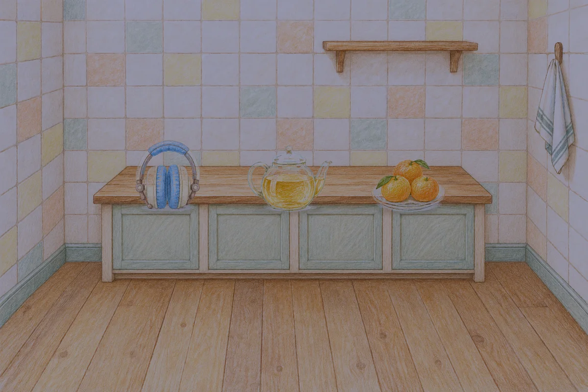 옥수동 여성전용 등 마사지 안내 그림, 밤의 부엌 나무 조리대 위에 놓인 헤드폰, 유리 티포트, 귤이 담긴 접시