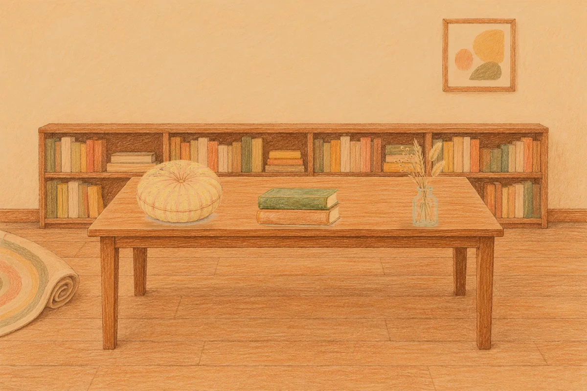 옥수동 여성전용 두통 완화 마사지 안내 그림, 저녁의 서재 긴 책상 위에 놓인 둥근 쿠션, 책 두 권, 마른 풀을 꽂은 항아리