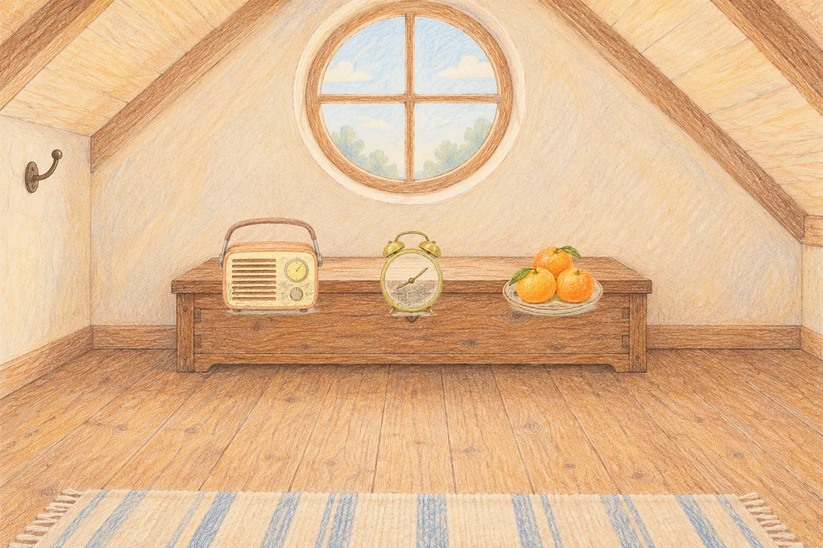 옥수동 여성전용 수면 케어 안내 그림, 낮의 다락방 나무 궤짝 위에 놓인 작은 라디오, 둥근 알람시계, 귤이 담긴 접시