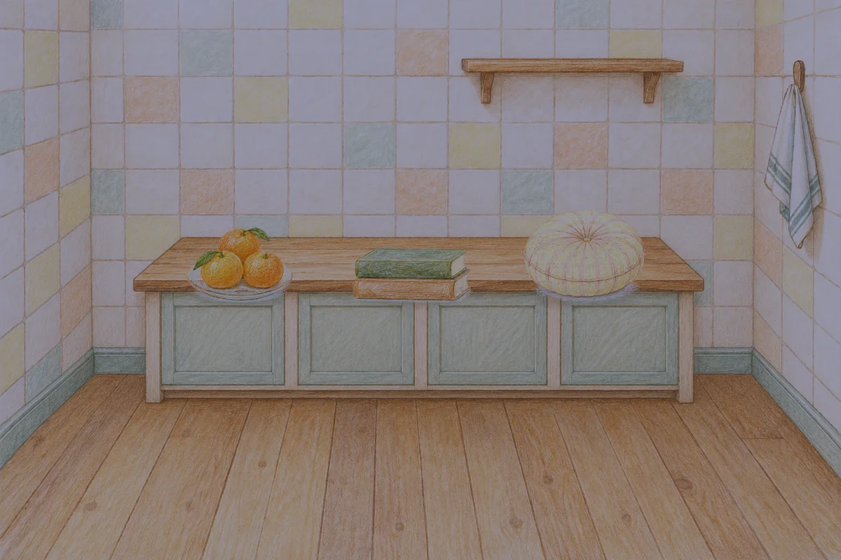 옥수동 여성전용 피로 회복 마사지 안내 그림, 밤의 부엌 나무 조리대 위에 놓인 귤이 담긴 접시, 책 두 권, 둥근 쿠션