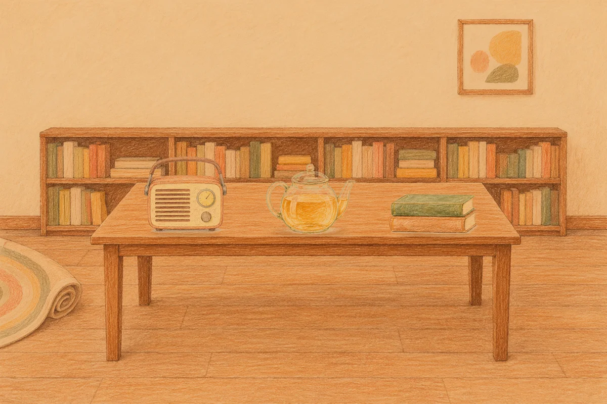 옥수동 여성전용 페이셜 마사지 안내 그림, 저녁의 서재 긴 책상 위에 놓인 작은 라디오, 유리 티포트, 책 두 권