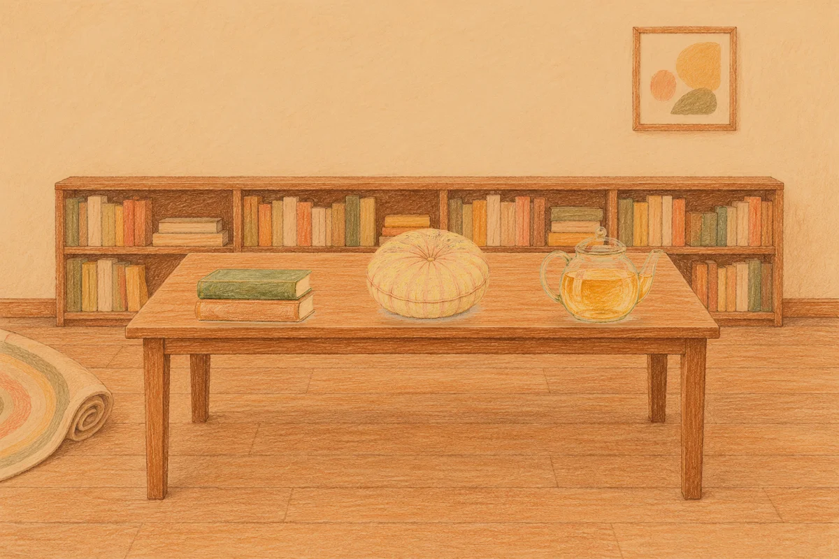 옥수동 여성전용 얼굴 마사지 안내 그림, 저녁의 서재 긴 책상 위에 놓인 책 두 권, 둥근 쿠션, 유리 티포트