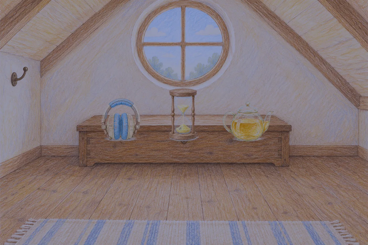옥수동 여성전용 피부 관리 안내 그림, 밤의 다락방 나무 궤짝 위에 놓인 헤드폰, 모래시계, 유리 티포트