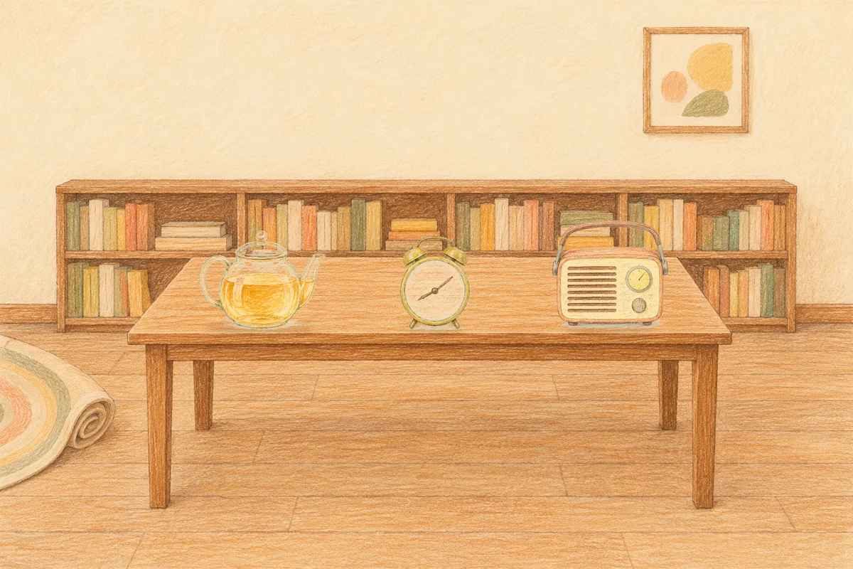 옥수동 여성전용 후기 마사지 안내 그림, 낮의 서재 긴 책상 위에 놓인 유리 티포트, 둥근 알람시계, 작은 라디오