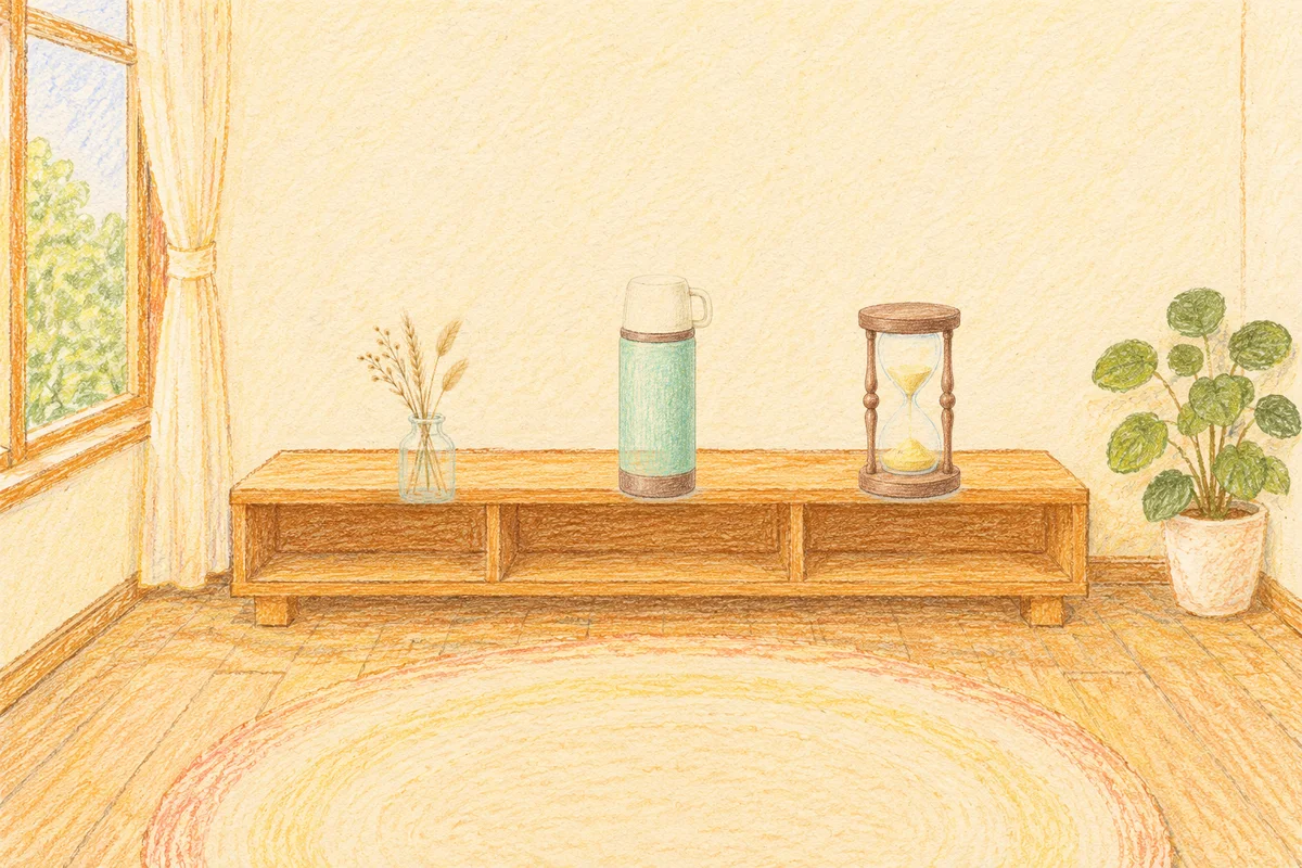 옥수동 여성전용 가격 마사지 안내 그림, 낮의 창가 낮은 선반 위에 놓인 마른 풀을 꽂은 항아리, 보온병, 모래시계