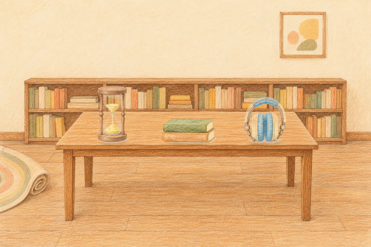 마장동 여성전용 스웨디시 홈케어 안내 그림, 낮의 서재 긴 책상 위에 놓인 모래시계, 책 두 권, 헤드폰