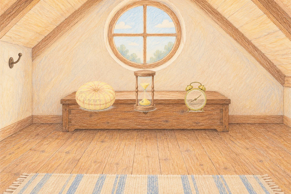마장동 여성전용 프리미엄 스웨디시 안내 그림, 낮의 다락방 나무 궤짝 위에 놓인 둥근 쿠션, 모래시계, 둥근 알람시계