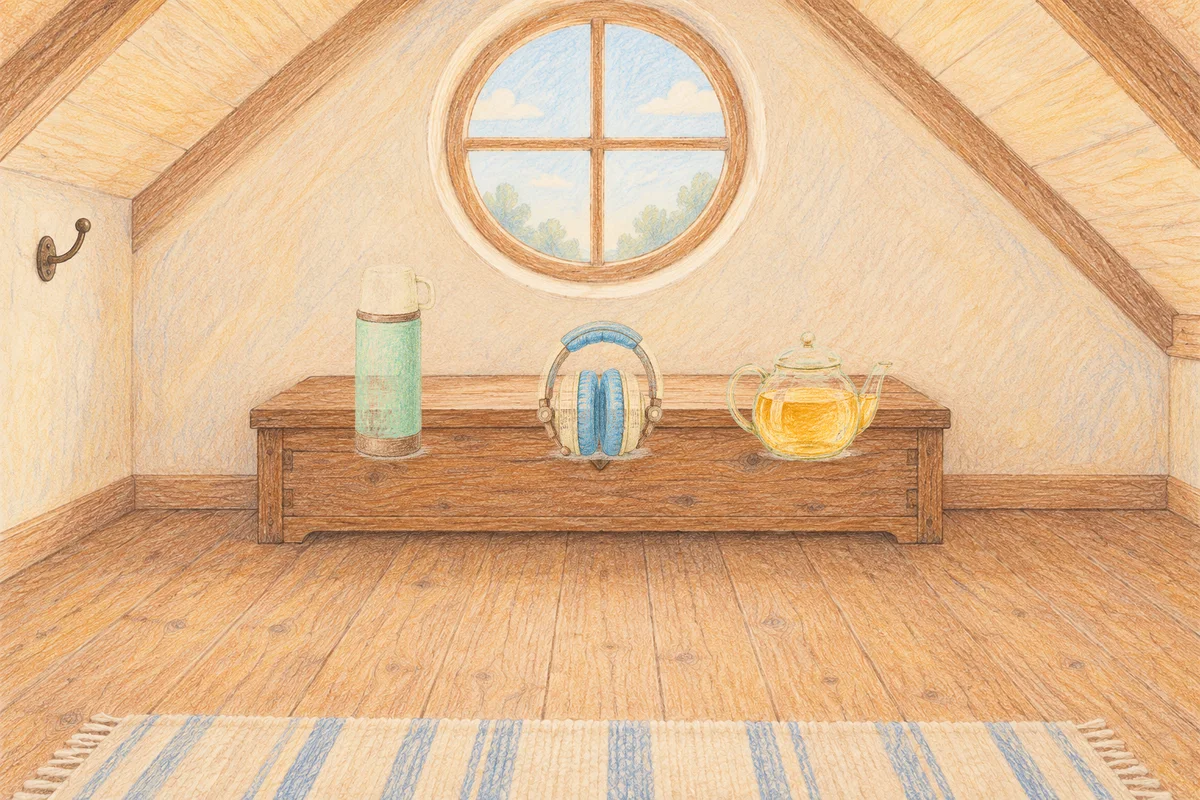 마장동 여성전용 라벤더 아로마 안내 그림, 낮의 다락방 나무 궤짝 위에 놓인 보온병, 헤드폰, 유리 티포트