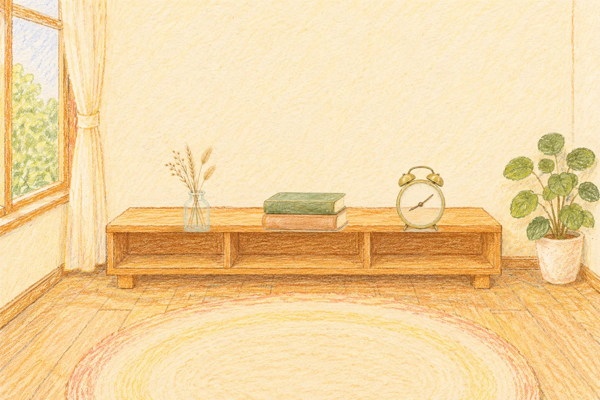 마장동 여성전용 아로마 마사지 후기 안내 그림, 낮의 창가 낮은 선반 위에 놓인 마른 풀을 꽂은 항아리, 책 두 권, 둥근 알람시계