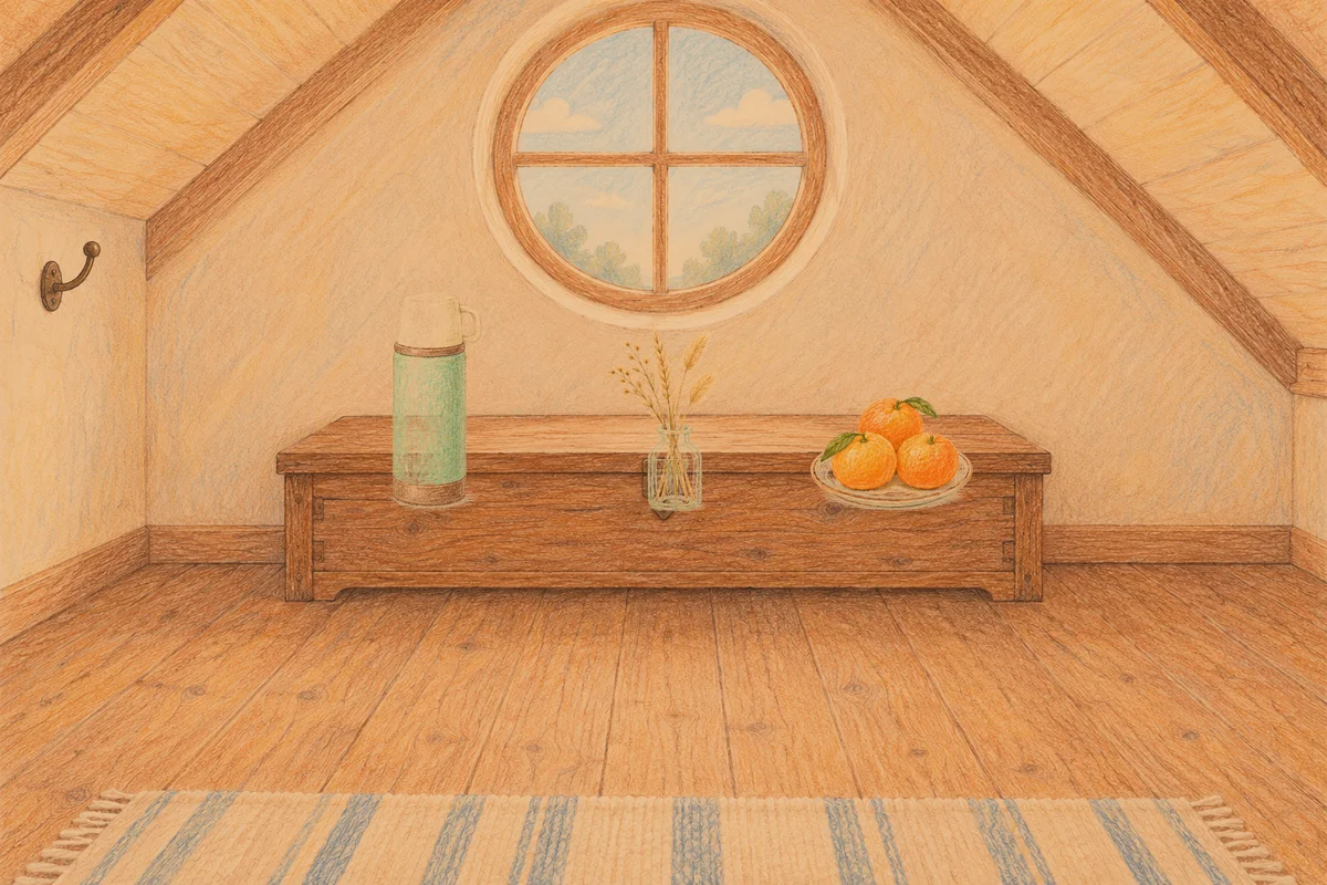 마장동 여성전용 스웨디시 가격 안내 그림, 저녁의 다락방 나무 궤짝 위에 놓인 보온병, 마른 풀을 꽂은 항아리, 귤이 담긴 접시