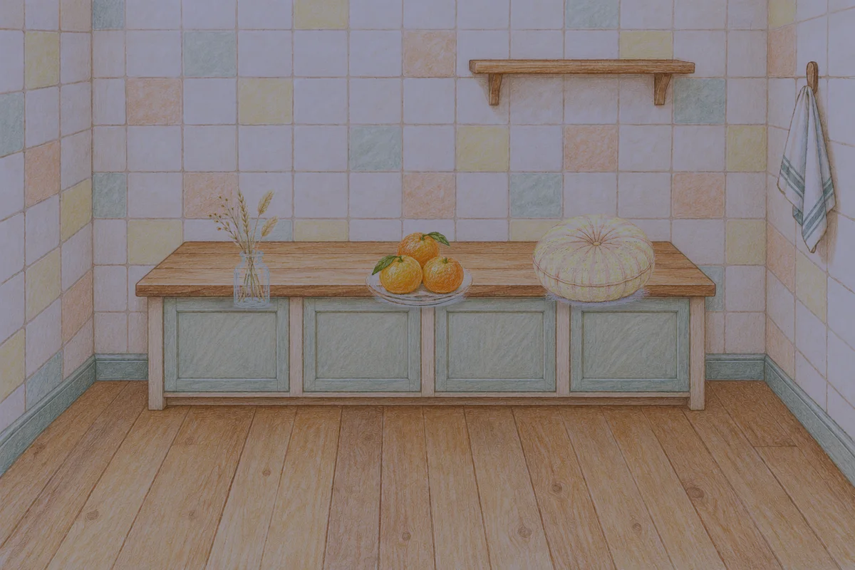 마장동 여성전용 아로마 가격 안내 그림, 밤의 부엌 나무 조리대 위에 놓인 마른 풀을 꽂은 항아리, 귤이 담긴 접시, 둥근 쿠션