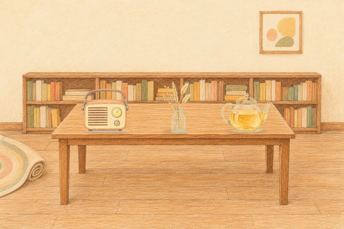 마장동 여성전용 스웨디시 추천 안내 그림, 낮의 서재 긴 책상 위에 놓인 작은 라디오, 마른 풀을 꽂은 항아리, 유리 티포트
