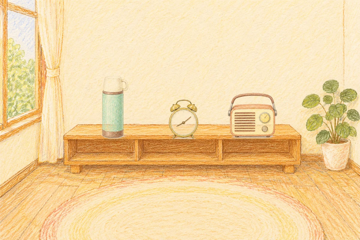 마장동 여성전용 경락마사지 안내 그림, 낮의 창가 낮은 선반 위에 놓인 보온병, 둥근 알람시계, 작은 라디오